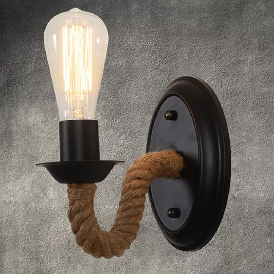 Frendorf | Schwarz 1 Glühbirne Wandlampe Fixture Lodge Metall Oval/Rund Rückplatte Wandlicht mit Gebogenem Seilarm