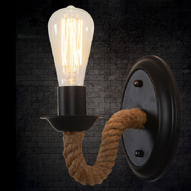 Frendorf | Schwarz 1 Glühbirne Wandlampe Fixture Lodge Metall Oval/Rund Rückplatte Wandlicht mit Gebogenem Seilarm