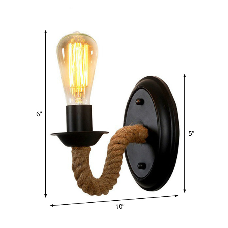 Frendorf | Schwarz 1 Glühbirne Wandlampe Fixture Lodge Metall Oval/Rund Rückplatte Wandlicht mit Gebogenem Seilarm