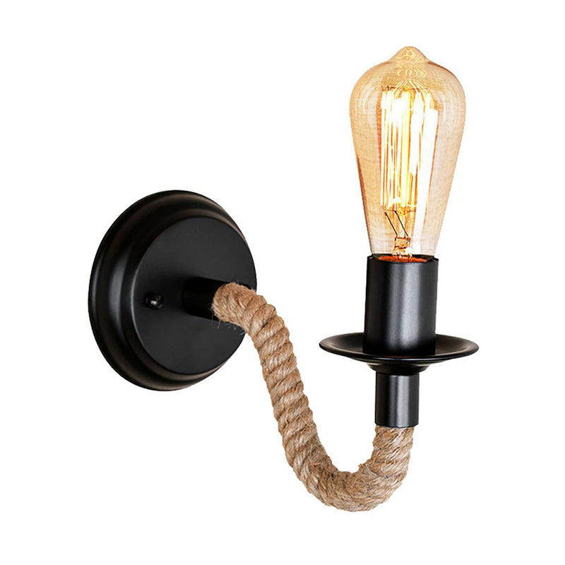Frendorf | Schwarz 1 Glühbirne Wandlampe Fixture Lodge Metall Oval/Rund Rückplatte Wandlicht mit Gebogenem Seilarm