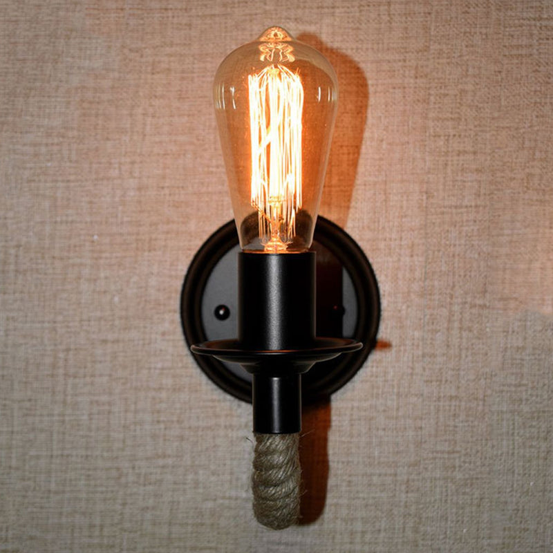 Frendorf | Schwarz 1 Glühbirne Wandlampe Fixture Lodge Metall Oval/Rund Rückplatte Wandlicht mit Gebogenem Seilarm