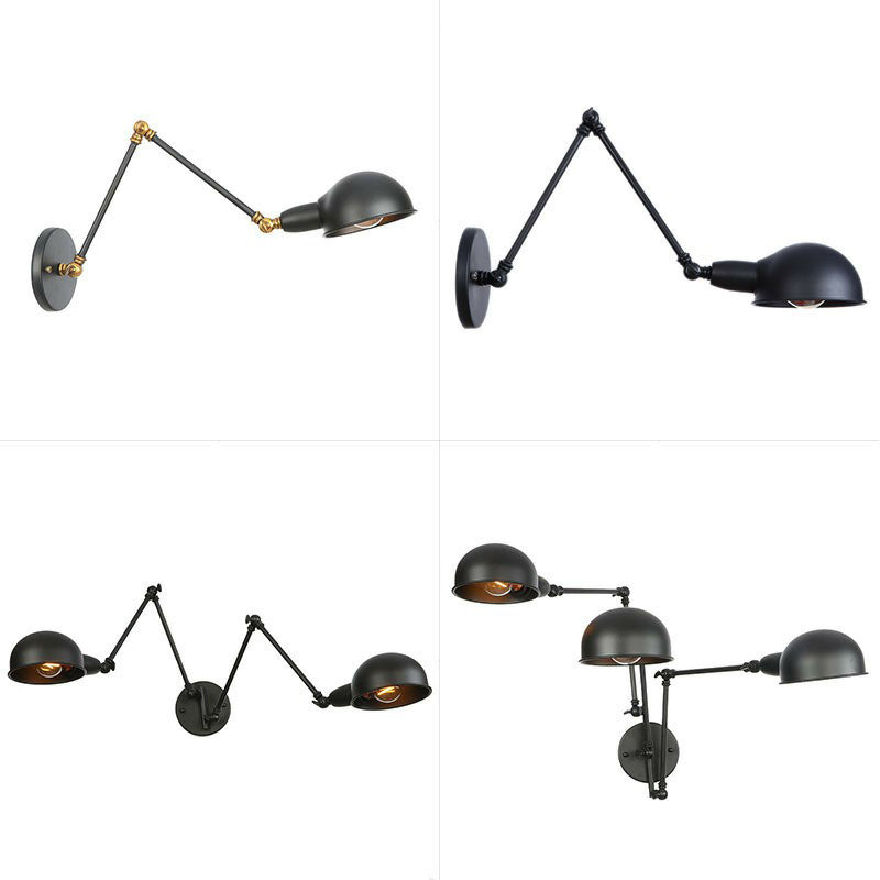 Frendorf | Industriële Koepelvormige Wandlamp Kit Enkelvoudige Gloeilamp IJzeren Wandmontage Verlichtingsarmatuur met Swingarm in Zwart, 6"+6"/12"+6" W