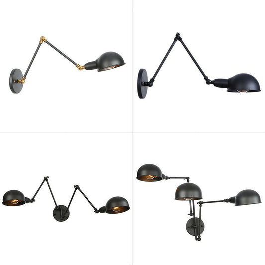 Frendorf | Industriële Koepelvormige Wandlamp Kit Enkelvoudige Gloeilamp IJzeren Wandmontage Verlichtingsarmatuur met Swingarm in Zwart, 6"+6"/12"+6" W