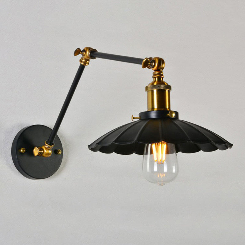 Scalloped Iron Wall Reading Lamp Loft 1 Bulb 8"+8"/12"+12" W Schlafzimmer Wandleuchte mit 2-Gelenk verstellbarem Arm in Schwarz/Weiß-Messing