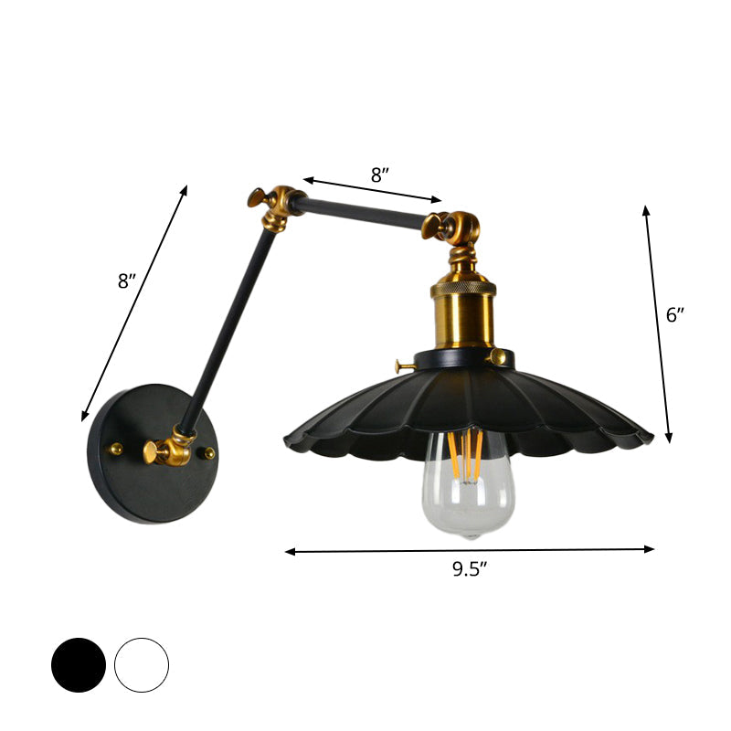 Scalloped Iron Wall Reading Lamp Loft 1 Bulb 8"+8"/12"+12" W Schlafzimmer Wandleuchte mit 2-Gelenk verstellbarem Arm in Schwarz/Weiß-Messing