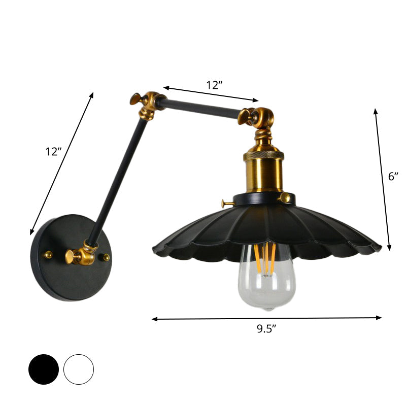 Scalloped Iron Wall Reading Lamp Loft 1 Bulb 8"+8"/12"+12" W Schlafzimmer Wandleuchte mit 2-Gelenk verstellbarem Arm in Schwarz/Weiß-Messing