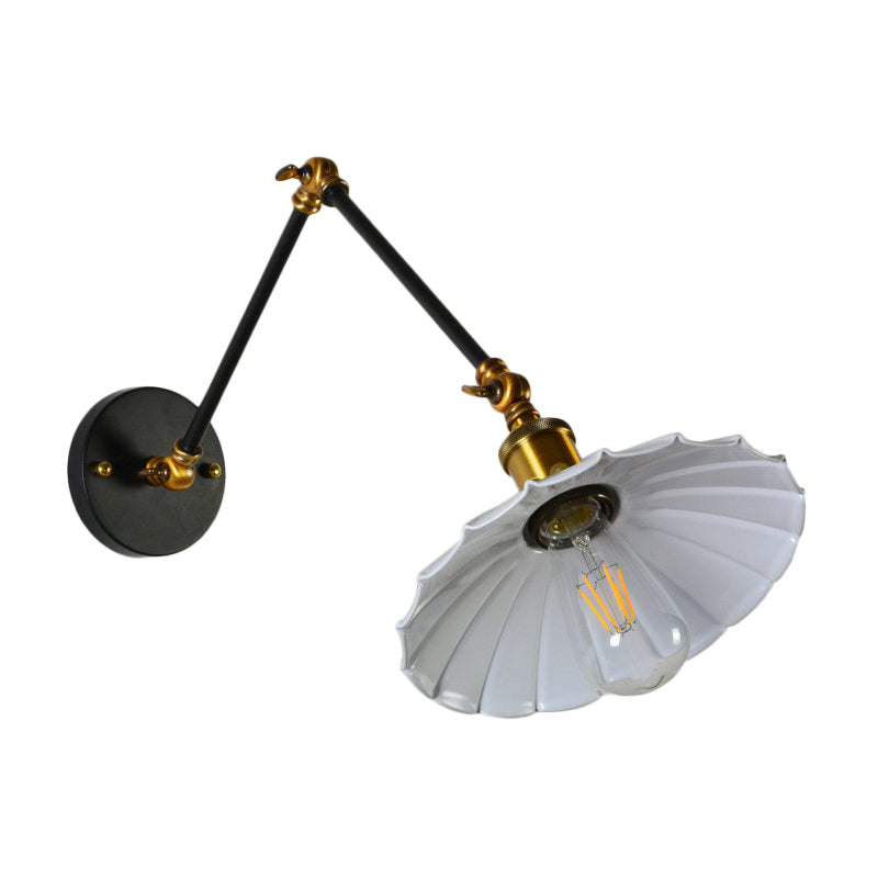 Scalloped Iron Wall Reading Lamp Loft 1 Bulb 8"+8"/12"+12" W Schlafzimmer Wandleuchte mit 2-Gelenk verstellbarem Arm in Schwarz/Weiß-Messing