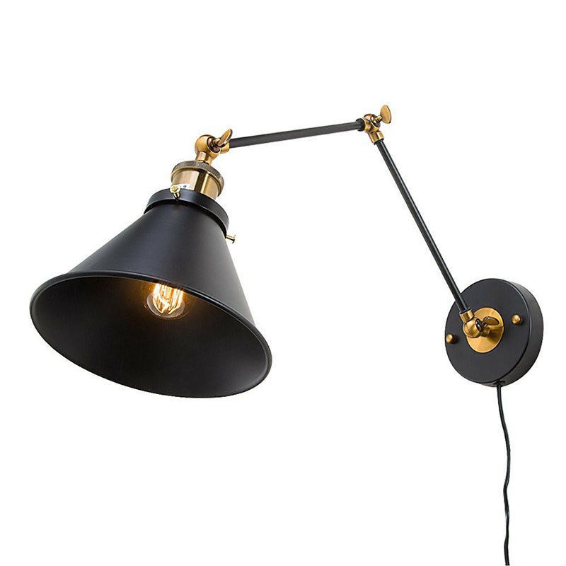 Frendorf | Iron Black Finish Reading Wall Lamp Roll-Edge Conical Single Industrial Plug/Plug-less Wandverlichting met Swingarm