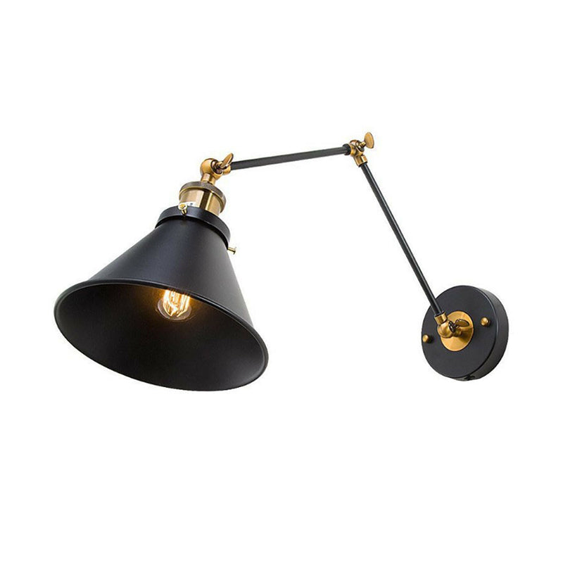 Frendorf | Iron Black Finish Reading Wall Lamp Roll-Edge Conical Single Industrial Plug/Plug-less Wandverlichting met Swingarm