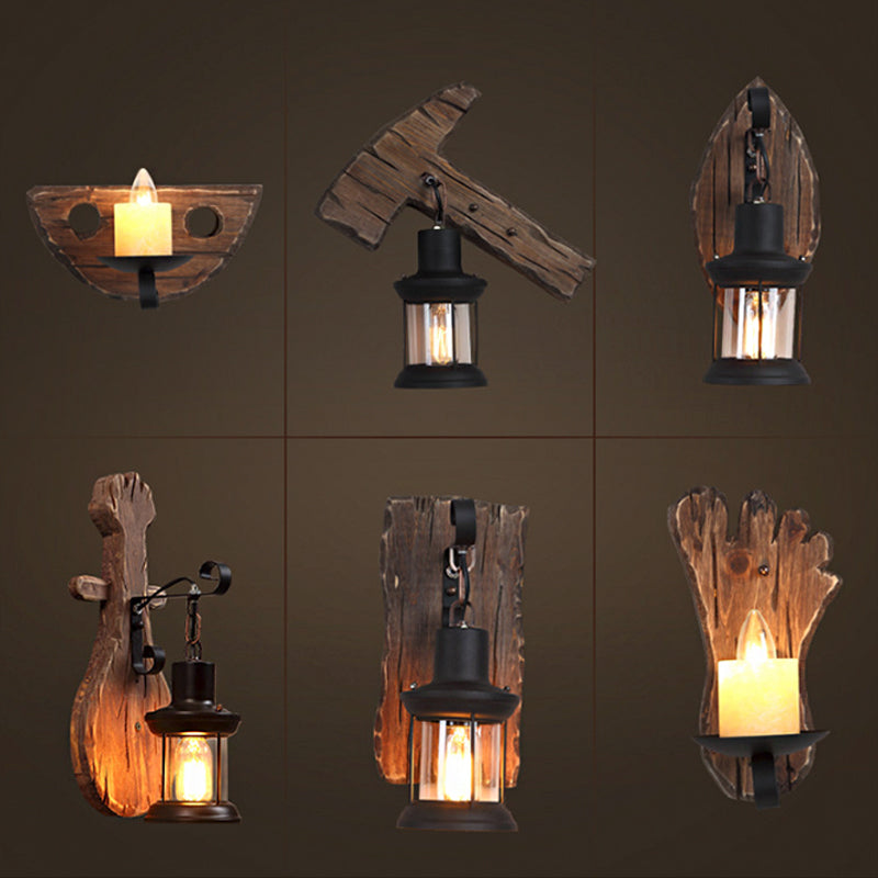 Frendorf | 1-Light Lantern Wandleuchtenkit Landschaft Braun Klarglas Wandhängelampe mit rechteckiger/semikreisförmiger Holzrückplatte