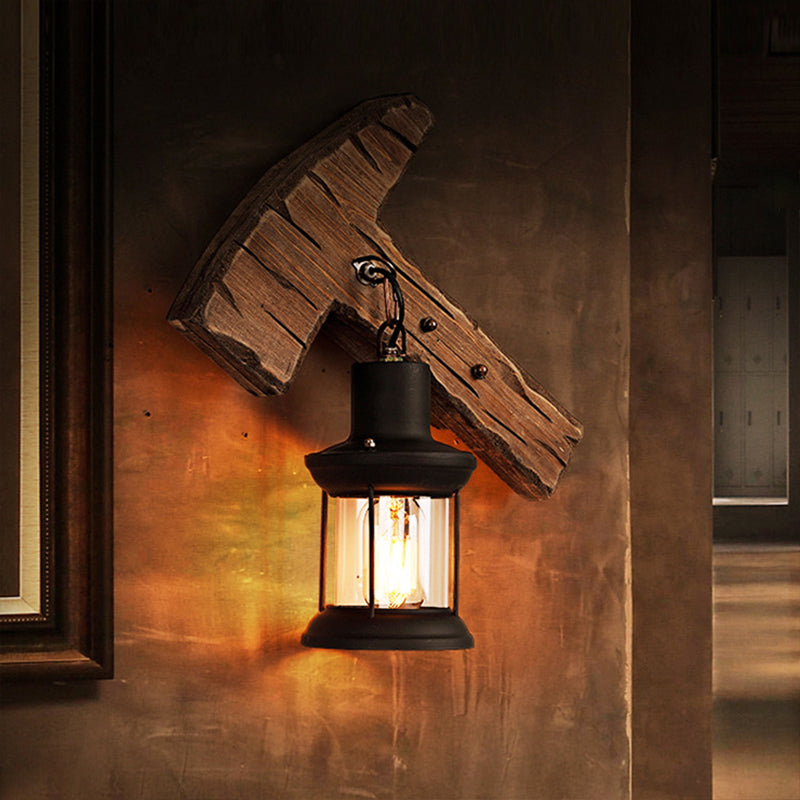 Frendorf | 1-Light Lantern Wandleuchtenkit Landschaft Braun Klarglas Wandhängelampe mit rechteckiger/semikreisförmiger Holzrückplatte