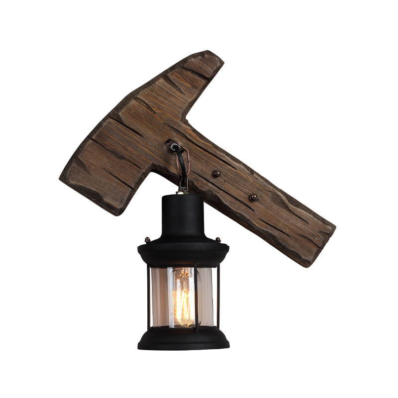 Frendorf | 1-Light Lantern Wandleuchtenkit Landschaft Braun Klarglas Wandhängelampe mit rechteckiger/semikreisförmiger Holzrückplatte