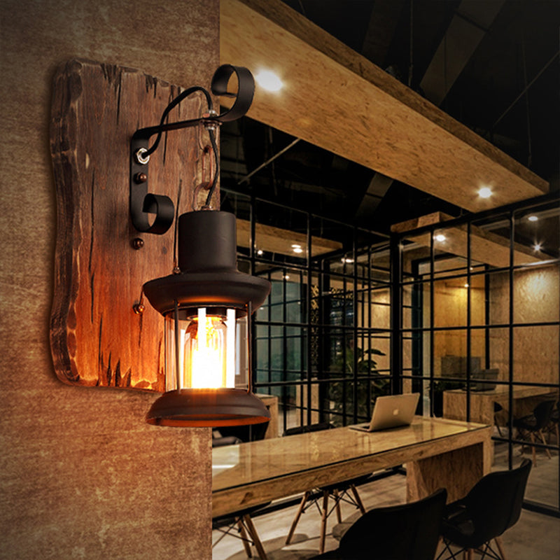 Frendorf | 1-Light Lantern Wandleuchtenkit Landschaft Braun Klarglas Wandhängelampe mit rechteckiger/semikreisförmiger Holzrückplatte