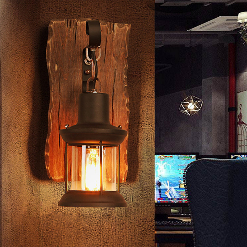 Frendorf | 1-Light Lantern Wandleuchtenkit Landschaft Braun Klarglas Wandhängelampe mit rechteckiger/semikreisförmiger Holzrückplatte