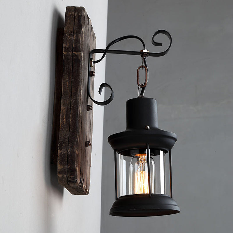 Frendorf | 1-Light Lantern Wandleuchtenkit Landschaft Braun Klarglas Wandhängelampe mit rechteckiger/semikreisförmiger Holzrückplatte