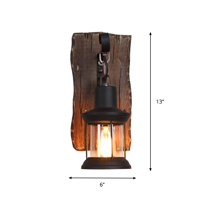 Frendorf | 1-Light Lantern Wandleuchtenkit Landschaft Braun Klarglas Wandhängelampe mit rechteckiger/semikreisförmiger Holzrückplatte