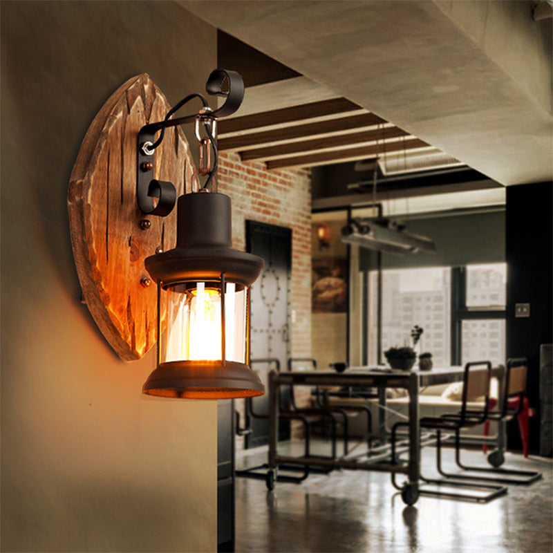 Frendorf | 1-Light Lantern Wandleuchtenkit Landschaft Braun Klarglas Wandhängelampe mit rechteckiger/semikreisförmiger Holzrückplatte