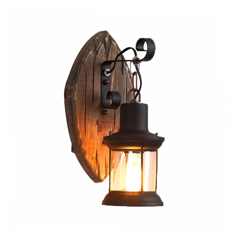 Frendorf | 1-Light Lantern Wandleuchtenkit Landschaft Braun Klarglas Wandhängelampe mit rechteckiger/semikreisförmiger Holzrückplatte