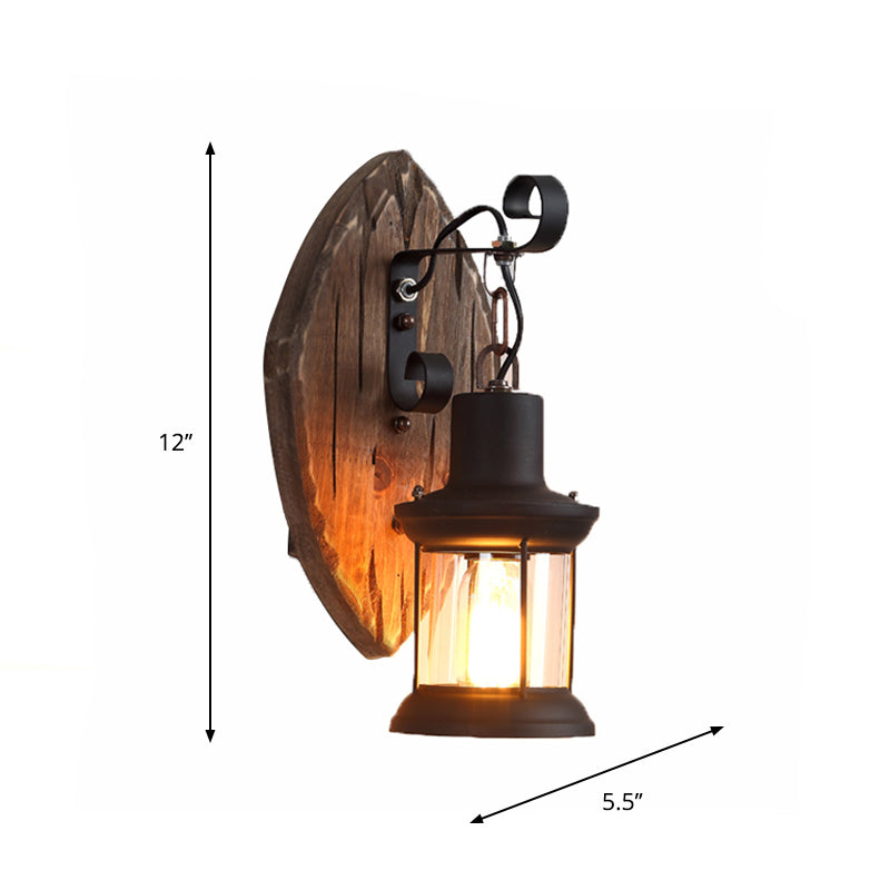 Frendorf | 1-Light Lantern Wandleuchtenkit Landschaft Braun Klarglas Wandhängelampe mit rechteckiger/semikreisförmiger Holzrückplatte