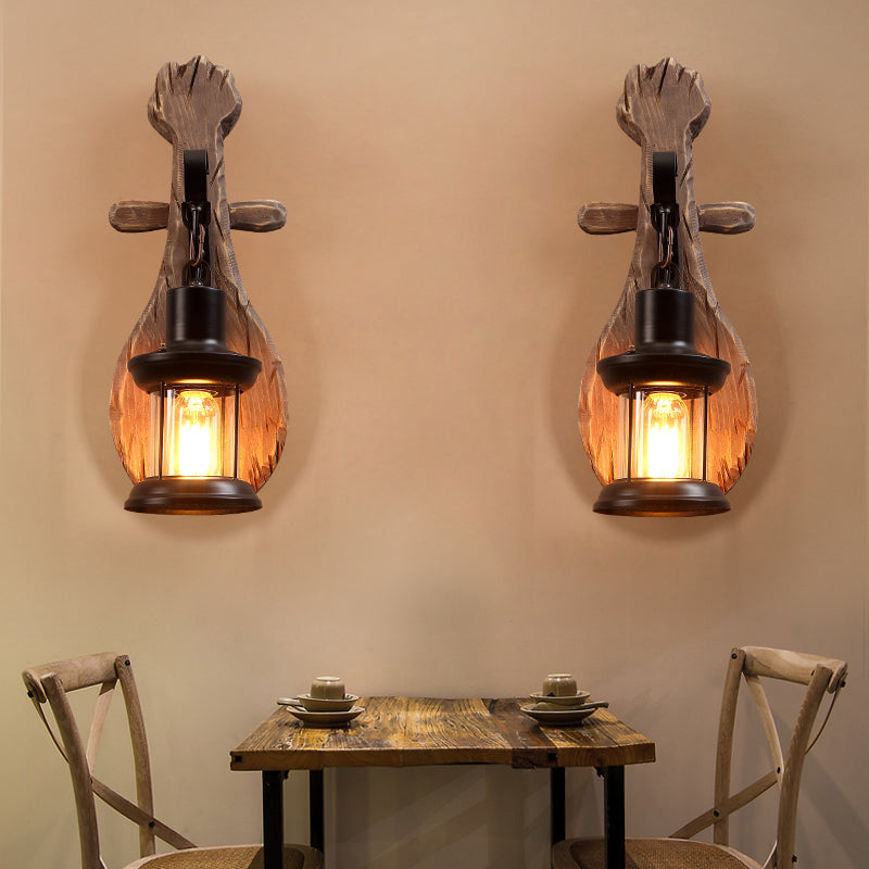 Frendorf | 1-Light Lantern Wandleuchtenkit Landschaft Braun Klarglas Wandhängelampe mit rechteckiger/semikreisförmiger Holzrückplatte
