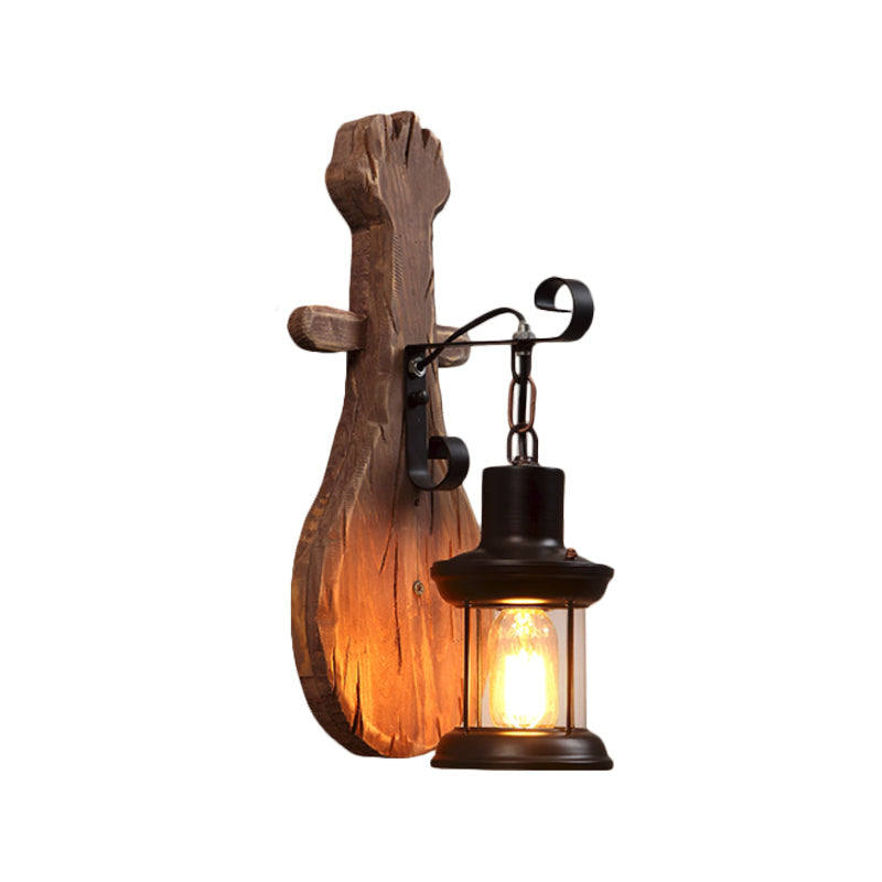 Frendorf | 1-Light Lantern Wandleuchtenkit Landschaft Braun Klarglas Wandhängelampe mit rechteckiger/semikreisförmiger Holzrückplatte