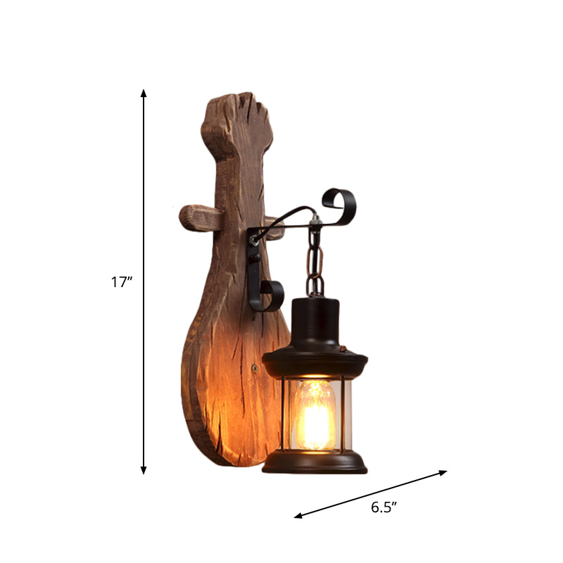 Frendorf | 1-Light Lantern Wandleuchtenkit Landschaft Braun Klarglas Wandhängelampe mit rechteckiger/semikreisförmiger Holzrückplatte