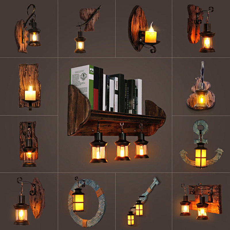 Frendorf | Ovale/Fischförmige Holz Wand Sconce Licht Rustikal 1 Kopf Küche Wandmontierte Lampe mit Kerze/Lattern in Braun