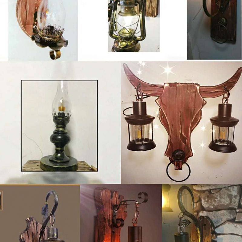 Frendorf | 1/2-Licht Klar Glas Wandlamp Rustiek Bruin Lantaarn/Kerosine Keuken Wandmontage Licht met Ox/Ovaal Houten Achterplaat
