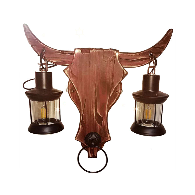 Frendorf | 1/2-Licht Klar Glas Wandlamp Rustiek Bruin Lantaarn/Kerosine Keuken Wandmontage Licht met Ox/Ovaal Houten Achterplaat
