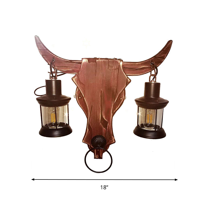 Frendorf | 1/2-Licht Klar Glas Wandlamp Rustiek Bruin Lantaarn/Kerosine Keuken Wandmontage Licht met Ox/Ovaal Houten Achterplaat