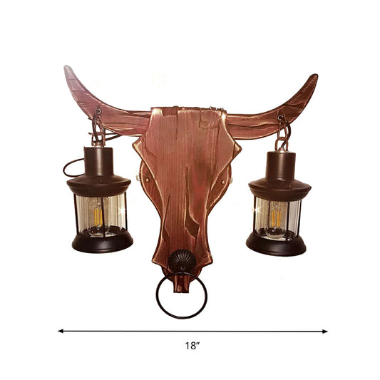 Frendorf | 1/2-Licht Klar Glas Wandlamp Rustiek Bruin Lantaarn/Kerosine Keuken Wandmontage Licht met Ox/Ovaal Houten Achterplaat