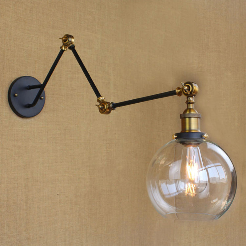 Frendorf | Verstellbare 3-Gelenkarm Eisene Wandlampe Industrie 1 Kopf Schlafzimmer Wandleselicht mit Globus/Saucer Klarglas-Schirm