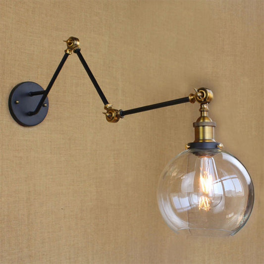 Frendorf | Verstellbare 3-Gelenkarm Eisene Wandlampe Industrie 1 Kopf Schlafzimmer Wandleselicht mit Globus/Saucer Klarglas-Schirm