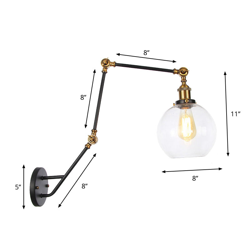 Frendorf | Verstellbare 3-Gelenkarm Eisene Wandlampe Industrie 1 Kopf Schlafzimmer Wandleselicht mit Globus/Saucer Klarglas-Schirm