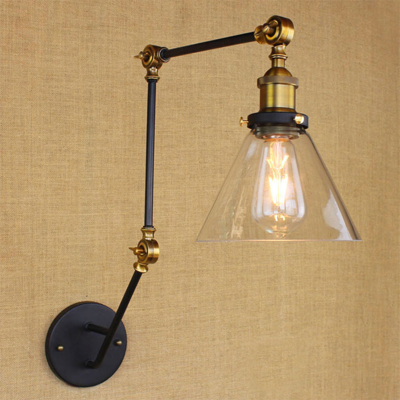 Frendorf | Verstellbare 3-Gelenkarm Eisene Wandlampe Industrie 1 Kopf Schlafzimmer Wandleselicht mit Globus/Saucer Klarglas-Schirm