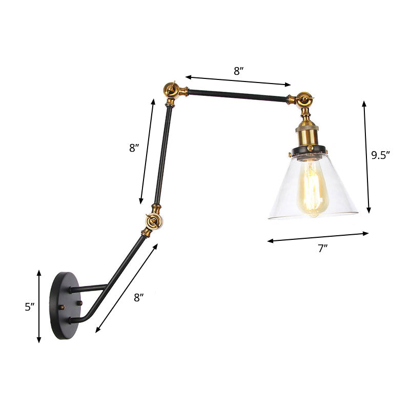Frendorf | Verstellbare 3-Gelenkarm Eisene Wandlampe Industrie 1 Kopf Schlafzimmer Wandleselicht mit Globus/Saucer Klarglas-Schirm