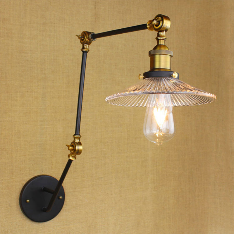 Frendorf | Verstellbare 3-Gelenkarm Eisene Wandlampe Industrie 1 Kopf Schlafzimmer Wandleselicht mit Globus/Saucer Klarglas-Schirm