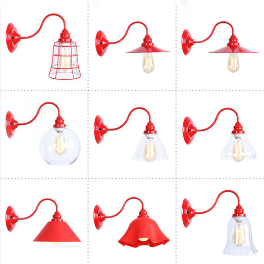 Frendorf | Eisenrote Wandbeleuchtung Kit Gooseneck 1 Glühbirne Loft-Stil Wandbeleuchtung mit Kegel/Sphäre/Glocke Klar Glas Schirm