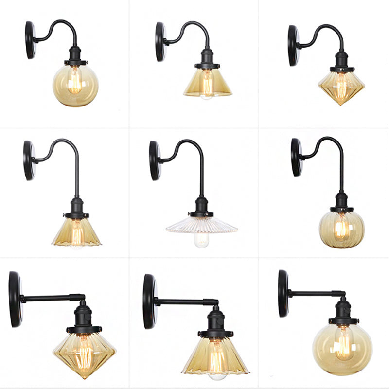 Frendorf | 1-Licht Gooseneck Wandlampe Vintage Küche Wandmontage Licht mit Ball/Diamant/Kegel Klar/Amber Glas Schirm in Schwarz