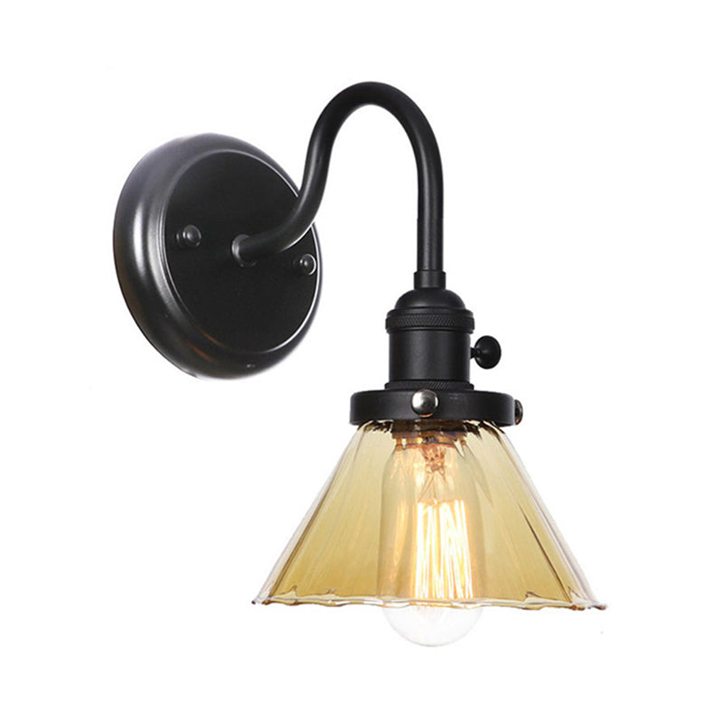 Frendorf | 1-Licht Gooseneck Wandlampe Vintage Küche Wandmontage Licht mit Ball/Diamant/Kegel Klar/Amber Glas Schirm in Schwarz