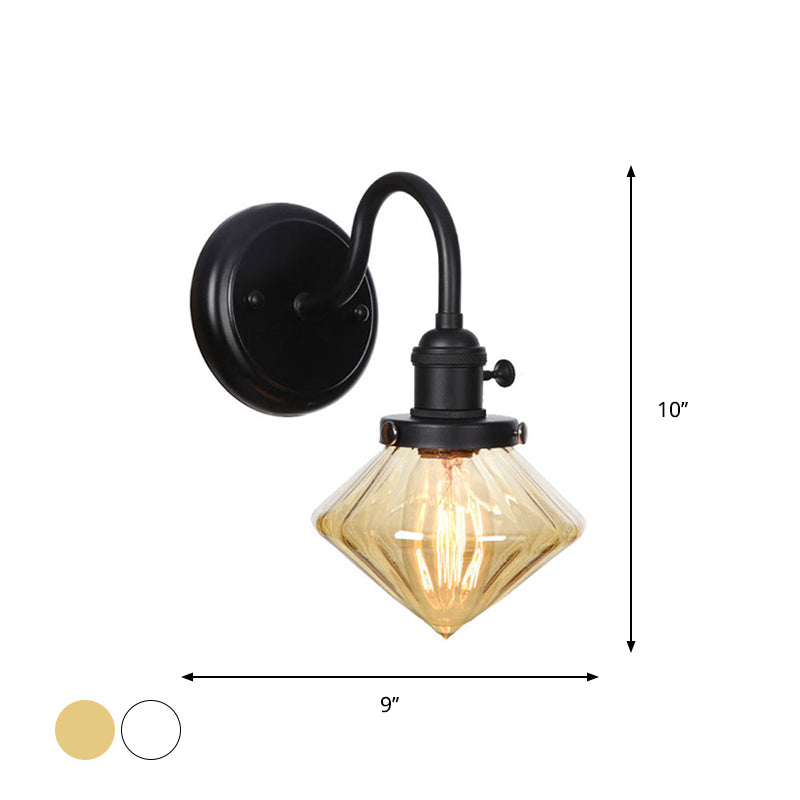 Frendorf | 1-Licht Gooseneck Wandlampe Vintage Küche Wandmontage Licht mit Ball/Diamant/Kegel Klar/Amber Glas Schirm in Schwarz