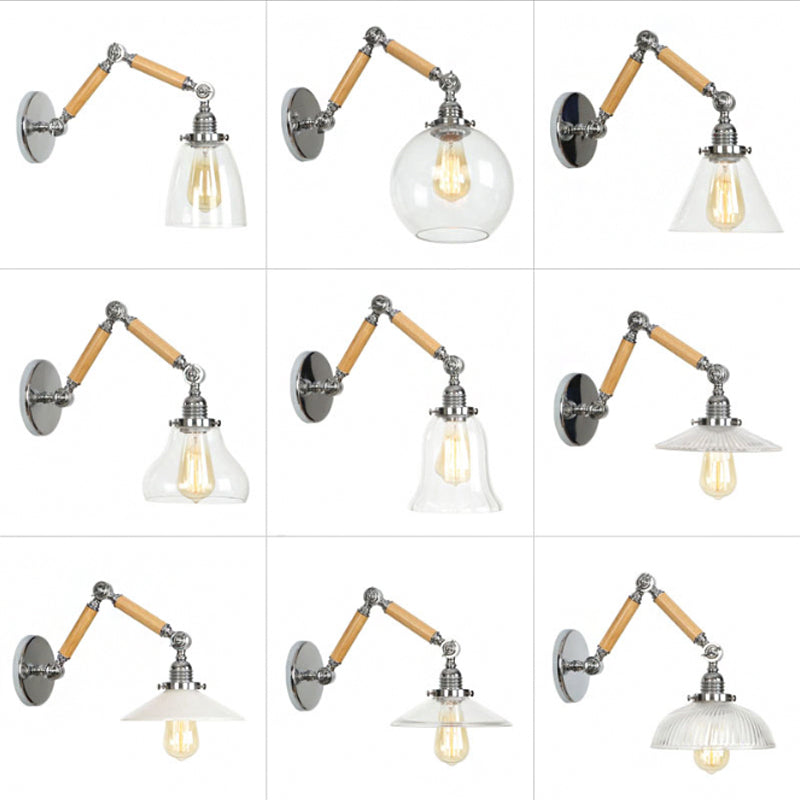 Frendorf | Braun-Silber 1-Glühbirnen-Lese-Wandleuchte Loft Klarglas Birne/Teller/Glockenschirm Wandbeleuchtung mit Holz 2-Gelenk-Schwenkarms