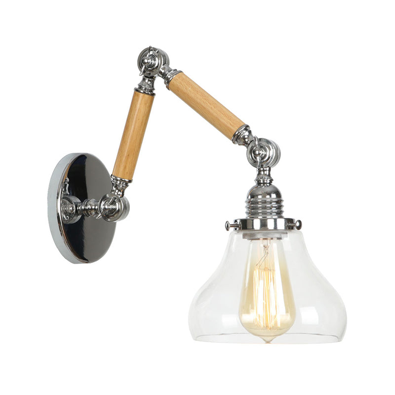Frendorf | Braun-Silber 1-Glühbirnen-Lese-Wandleuchte Loft Klarglas Birne/Teller/Glockenschirm Wandbeleuchtung mit Holz 2-Gelenk-Schwenkarms