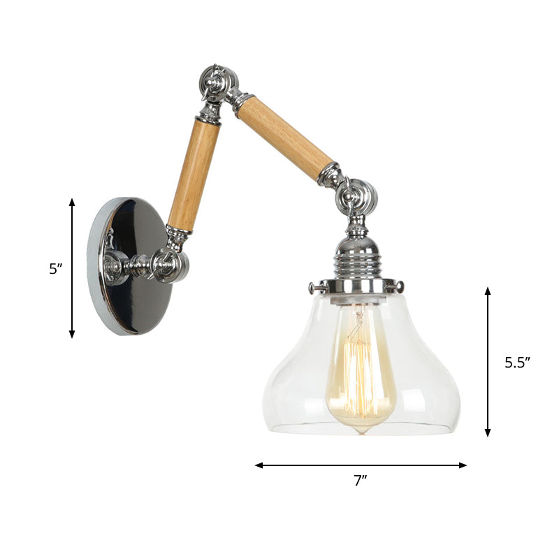 Frendorf | Braun-Silber 1-Glühbirnen-Lese-Wandleuchte Loft Klarglas Birne/Teller/Glockenschirm Wandbeleuchtung mit Holz 2-Gelenk-Schwenkarms
