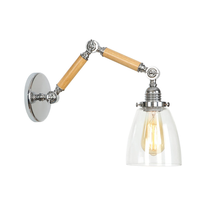 Frendorf | Braun-Silber 1-Glühbirnen-Lese-Wandleuchte Loft Klarglas Birne/Teller/Glockenschirm Wandbeleuchtung mit Holz 2-Gelenk-Schwenkarms