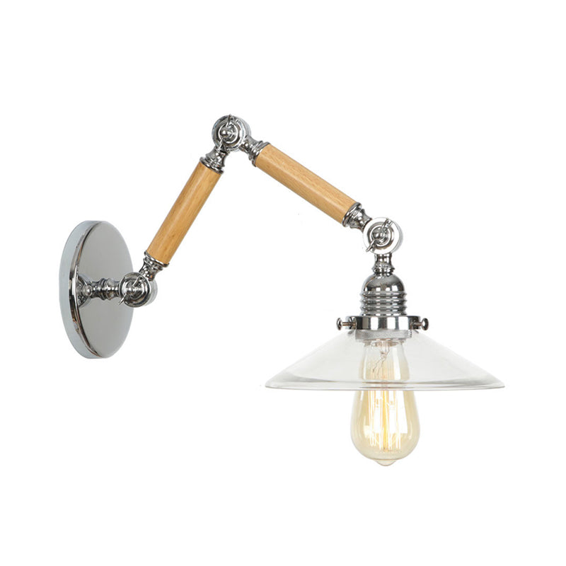 Frendorf | Braun-Silber 1-Glühbirnen-Lese-Wandleuchte Loft Klarglas Birne/Teller/Glockenschirm Wandbeleuchtung mit Holz 2-Gelenk-Schwenkarms