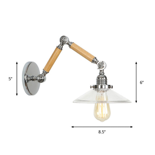 Frendorf | Braun-Silber 1-Glühbirnen-Lese-Wandleuchte Loft Klarglas Birne/Teller/Glockenschirm Wandbeleuchtung mit Holz 2-Gelenk-Schwenkarms