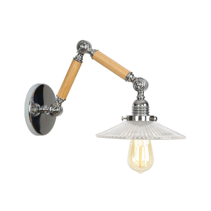 Frendorf | Braun-Silber 1-Glühbirnen-Lese-Wandleuchte Loft Klarglas Birne/Teller/Glockenschirm Wandbeleuchtung mit Holz 2-Gelenk-Schwenkarms