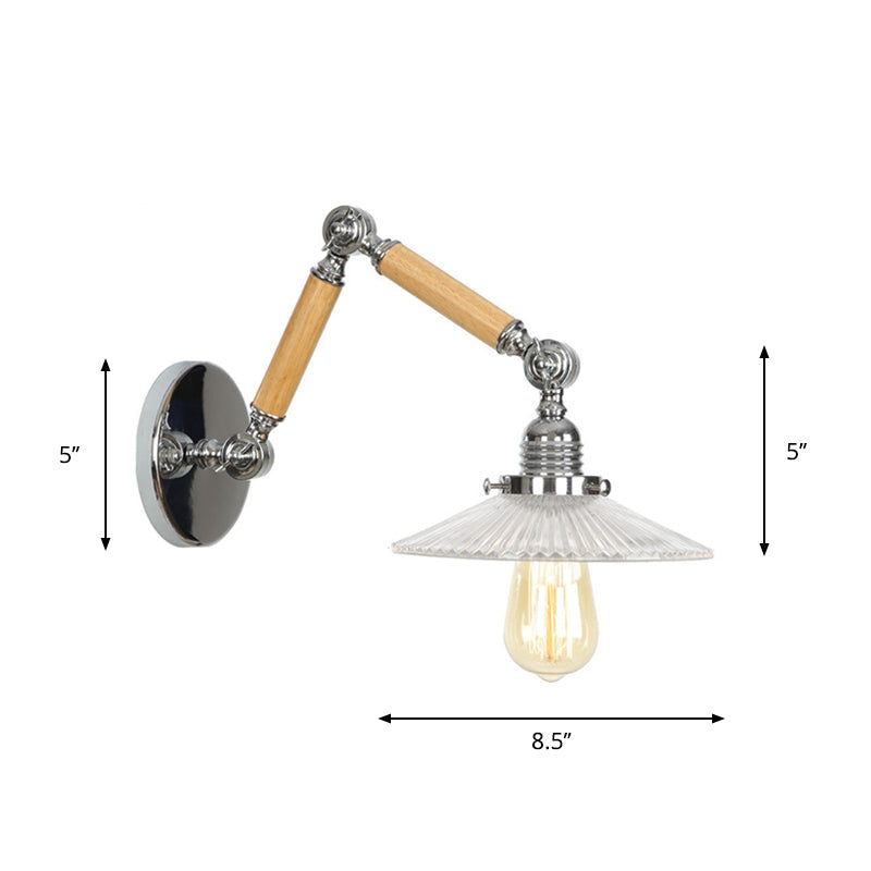 Frendorf | Braun-Silber 1-Glühbirnen-Lese-Wandleuchte Loft Klarglas Birne/Teller/Glockenschirm Wandbeleuchtung mit Holz 2-Gelenk-Schwenkarms