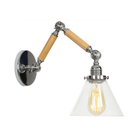 Frendorf | Braun-Silber 1-Glühbirnen-Lese-Wandleuchte Loft Klarglas Birne/Teller/Glockenschirm Wandbeleuchtung mit Holz 2-Gelenk-Schwenkarms
